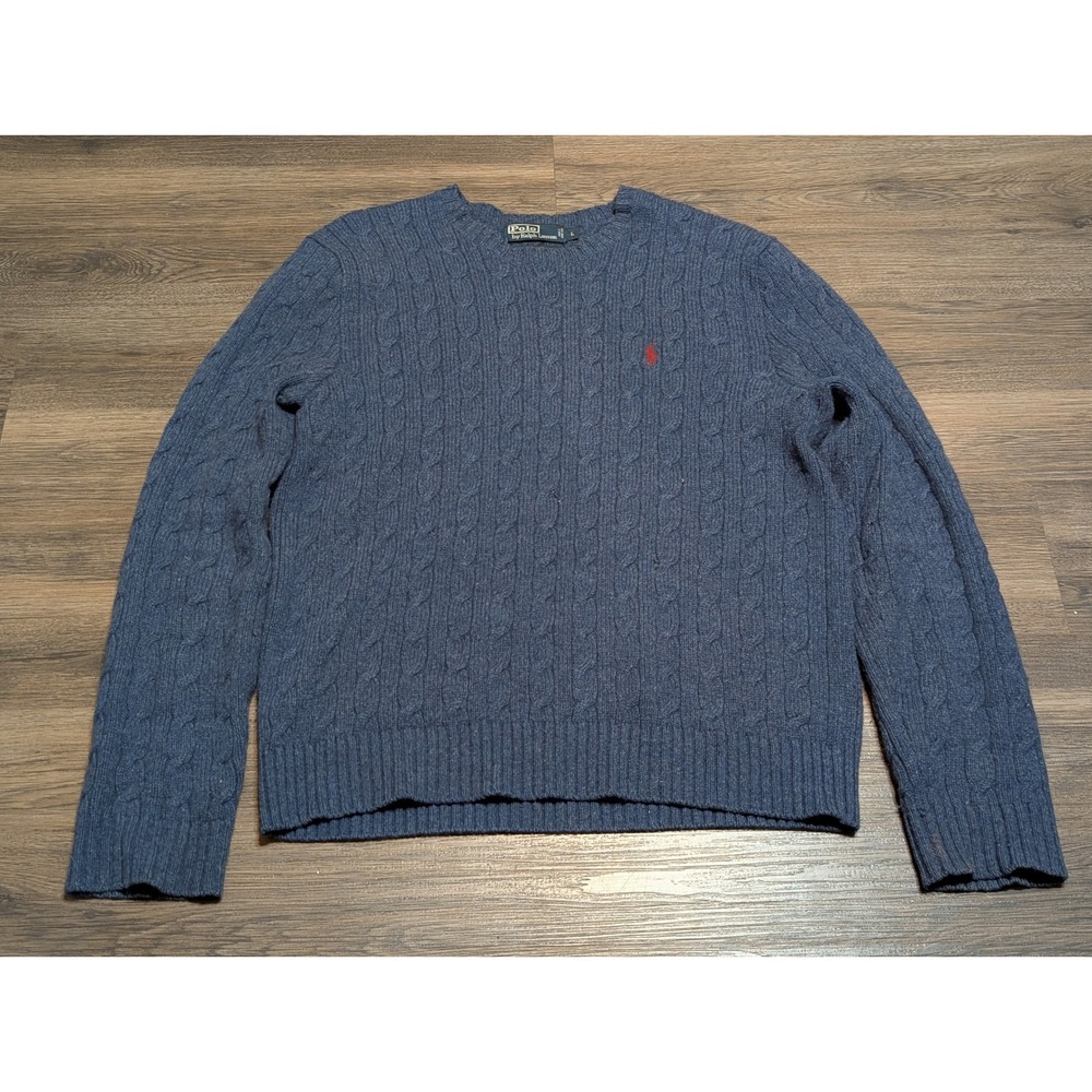 Polo Ralph Lauren Blue Merino Wool Angora Cable Knit Sweater Mens‎ Large Flaws
